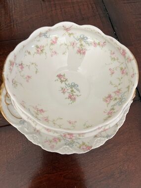 Limoges White Porcelain Serving Bowl with Pink Floral and Blue Ribbon Motif